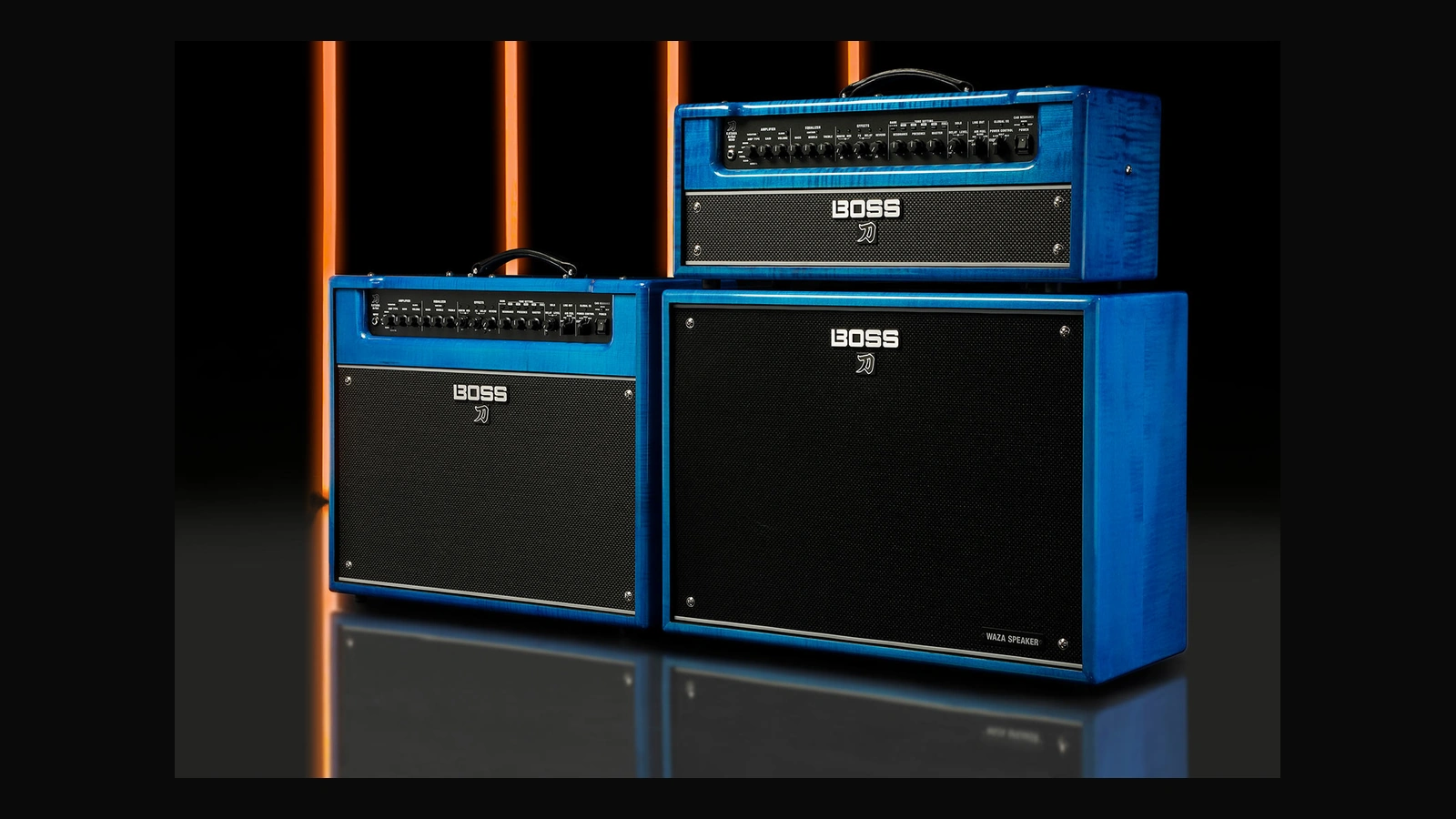 The blue flame-maple Katana Artist Gen 3 combo, Artist Head Gen 3 and Cabinet 212 Waza in BOSS’s official anniversary press photo.