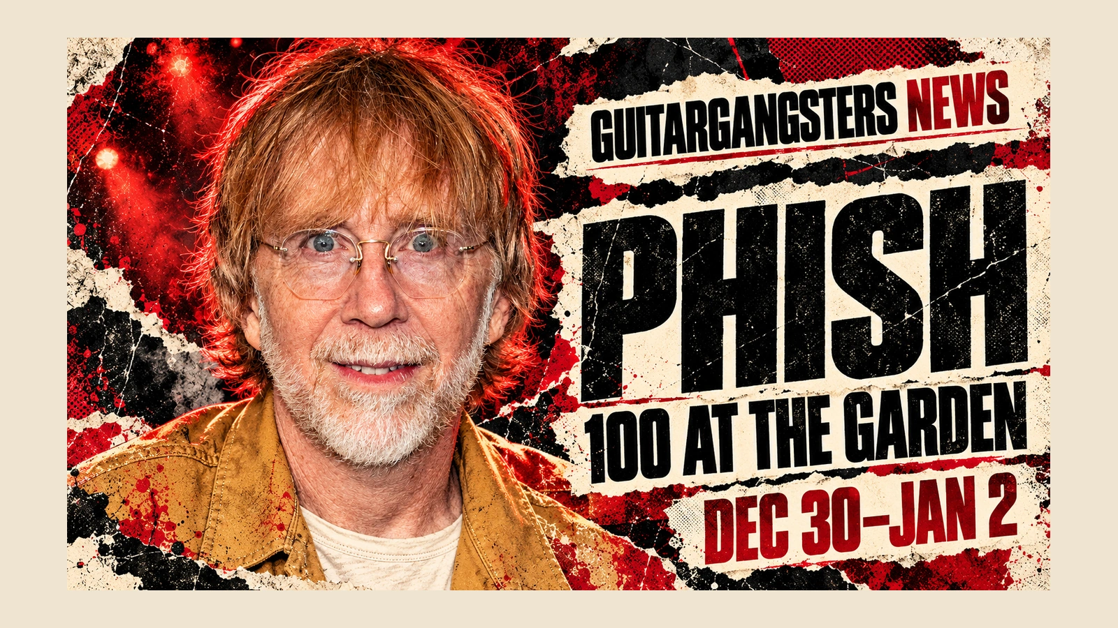 Original GuitarGangsters editorial illustration of Trey Anastasio for Phish’s 100 At The Garden announcement.
