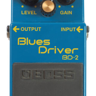 Top view of a blue Boss BD-2 Blues Driver pedal with all three knobs, side jacks and footswitch visible.