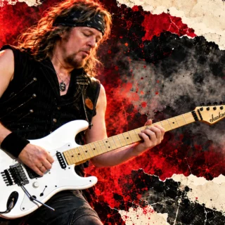 Historical editorial illustration of Adrian Smith with his white guitar, based on a 2011 photograph.