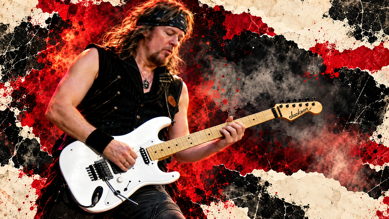 Historical editorial illustration of Adrian Smith with his white guitar, based on a 2011 photograph.