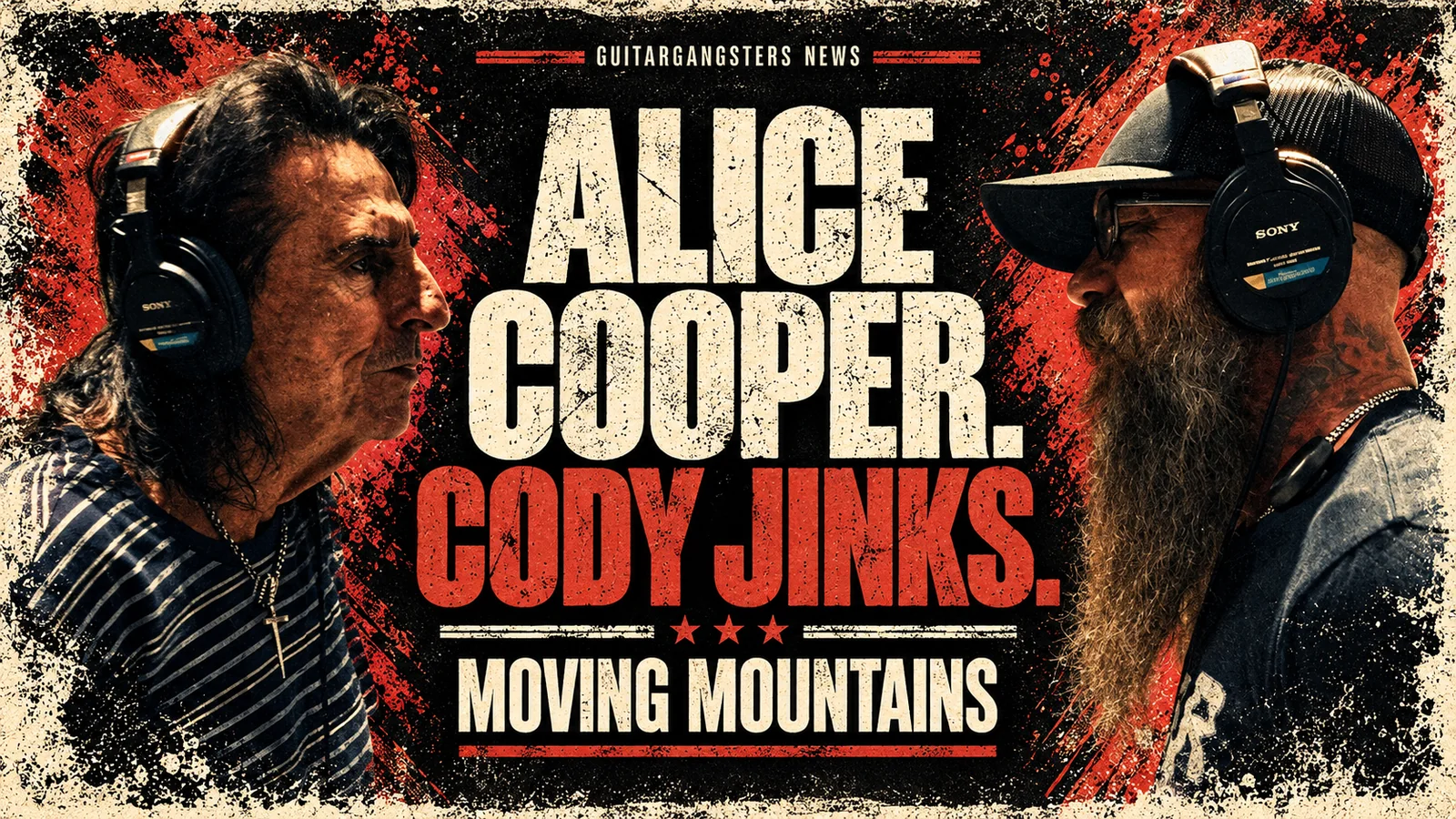 Editorial illustration of Alice Cooper and Cody Jinks with the title Moving Mountains.