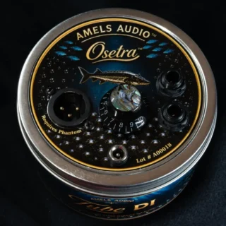 Amels Audio Osetra tube DI in its round Founder's Tin enclosure, showing the control and connectors