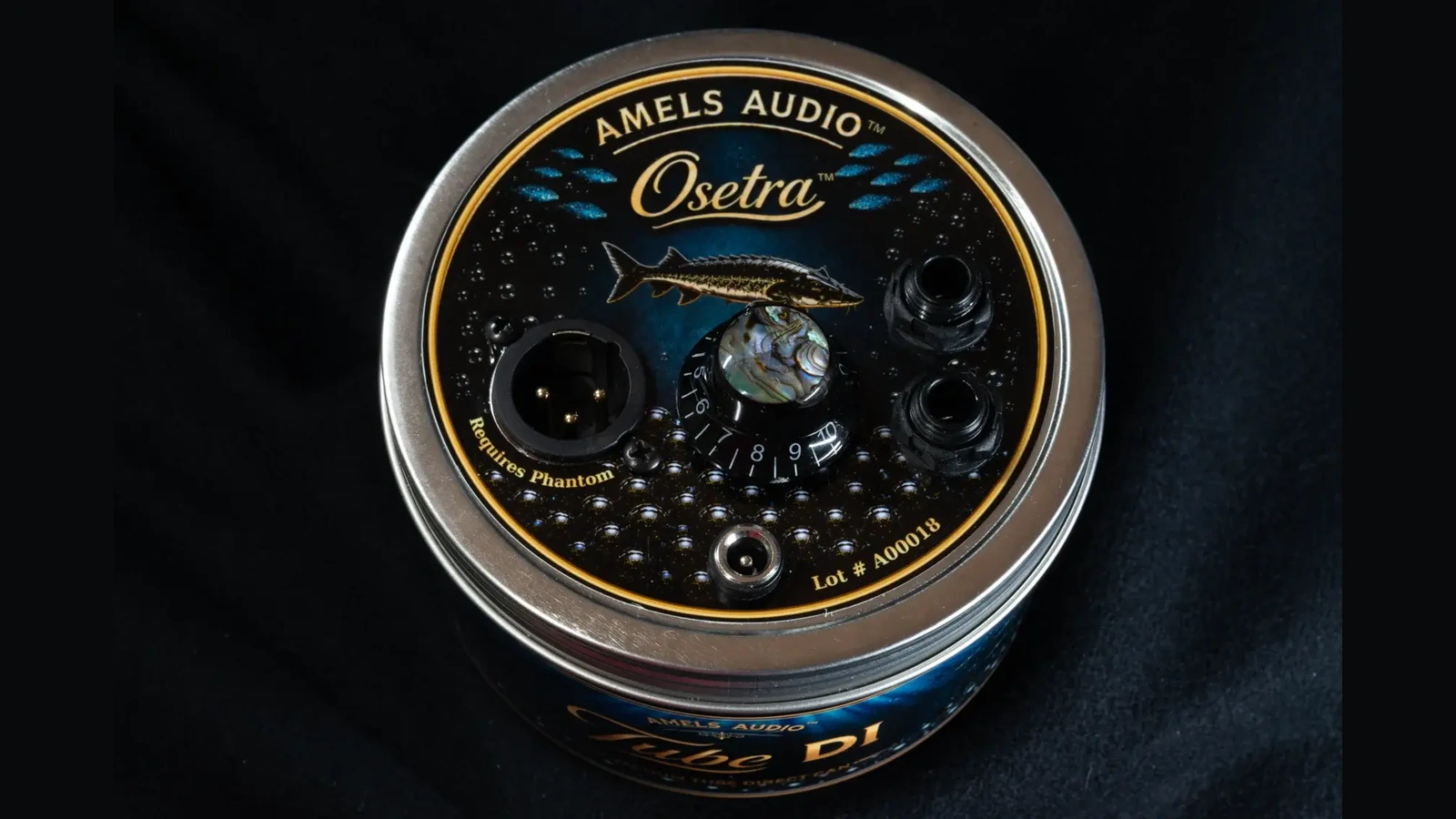 Amels Audio Osetra tube DI in its round Founder's Tin enclosure, showing the control and connectors