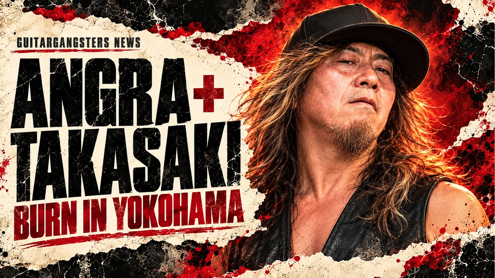 Editorial illustration of Akira Takasaki beside Angra + Takasaki and Burn in Yokohama headlines.