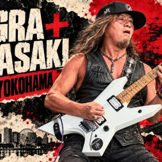 Akira Takasaki playing a white angular six-string guitar in an archive-inspired editorial illustration beside Angra + Takasaki and Burn in Yokohama headlines.