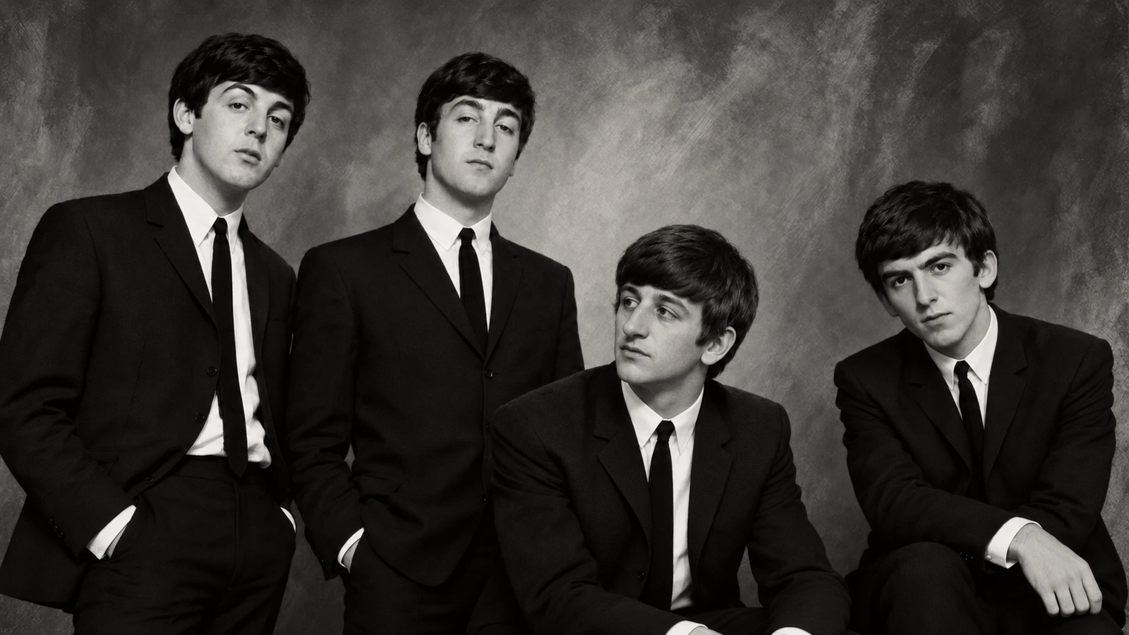 Original editorial illustration of Paul McCartney, John Lennon, Ringo Starr and George Harrison in early Beatles-era clothing.