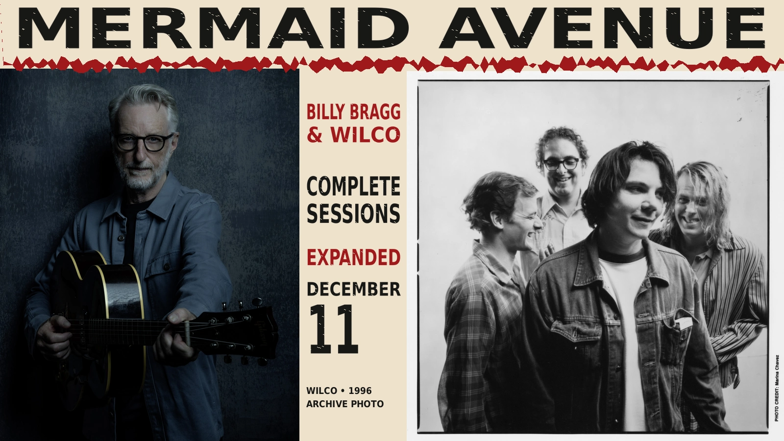 Billy Bragg with his guitar alongside an archival 1996 Wilco photograph in a Mermaid Avenue editorial graphic