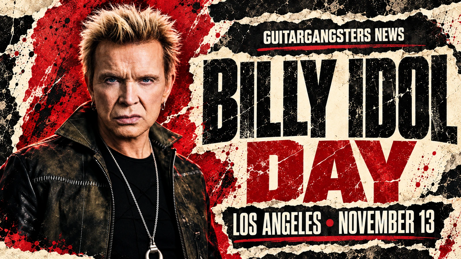 Editorial illustration of Billy Idol with Los Angeles November 13 announcement text