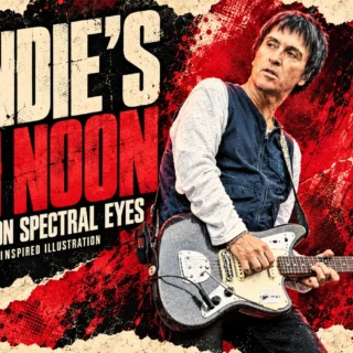 Illustration of Johnny Marr playing his silver-sparkle Fender Jaguar, with Blondie High Noon and Spectral Eyes headlines.