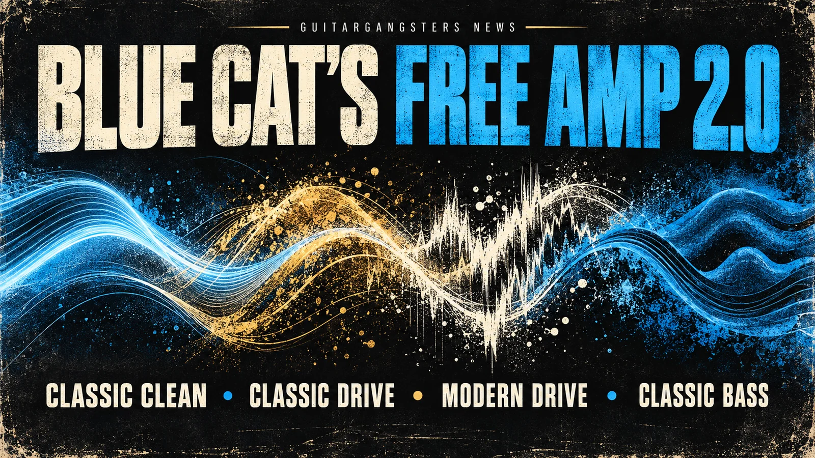 Conceptual Blue Cat Free Amp 2.0 artwork with four abstract sound waves and the four amp model names.