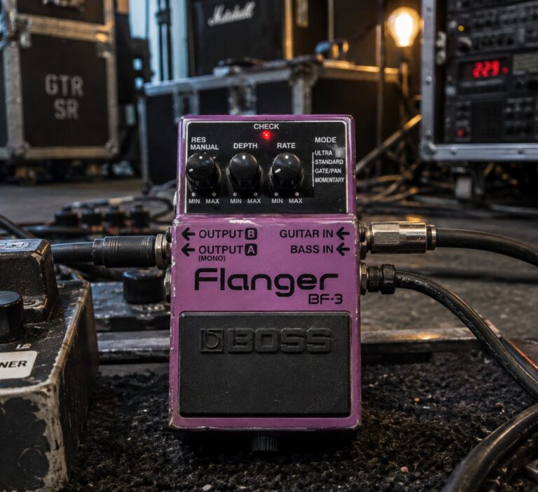 Illustration of a BOSS BF-3 Flanger Pedal.