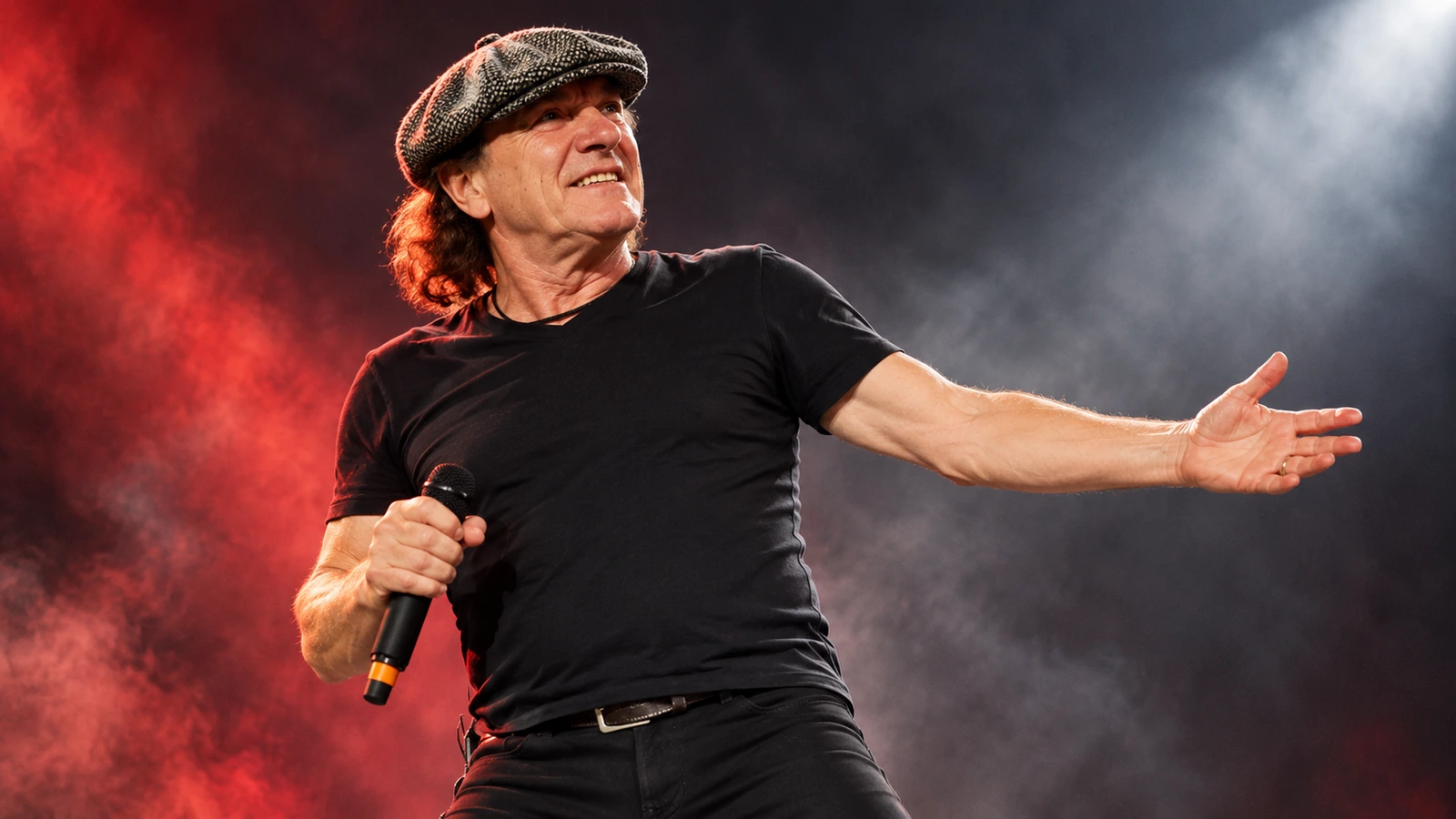 Original editorial illustration of Brian Johnson singing into a microphone.
