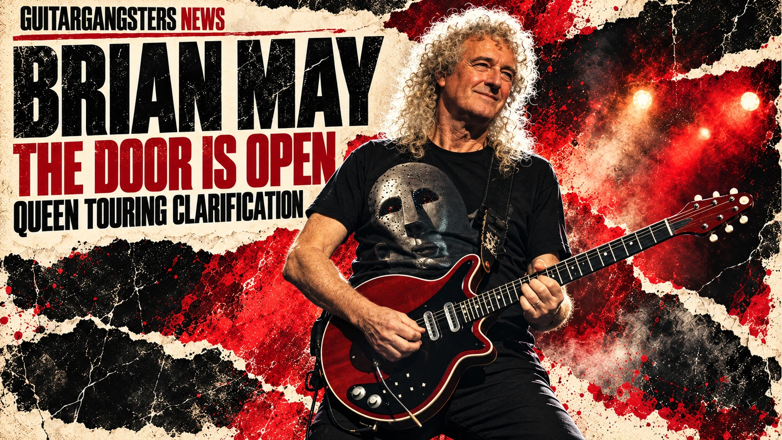 Editorial illustration of Brian May with his documented Red Special for his Queen touring clarification