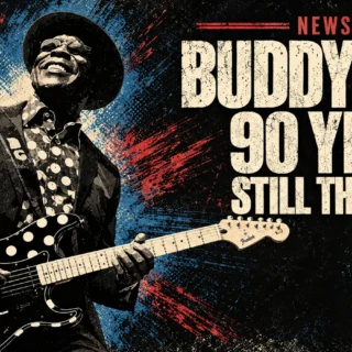 Illustration of Buddy Guy with his polka-dot guitar for his 90th-birthday Radio City tribute.