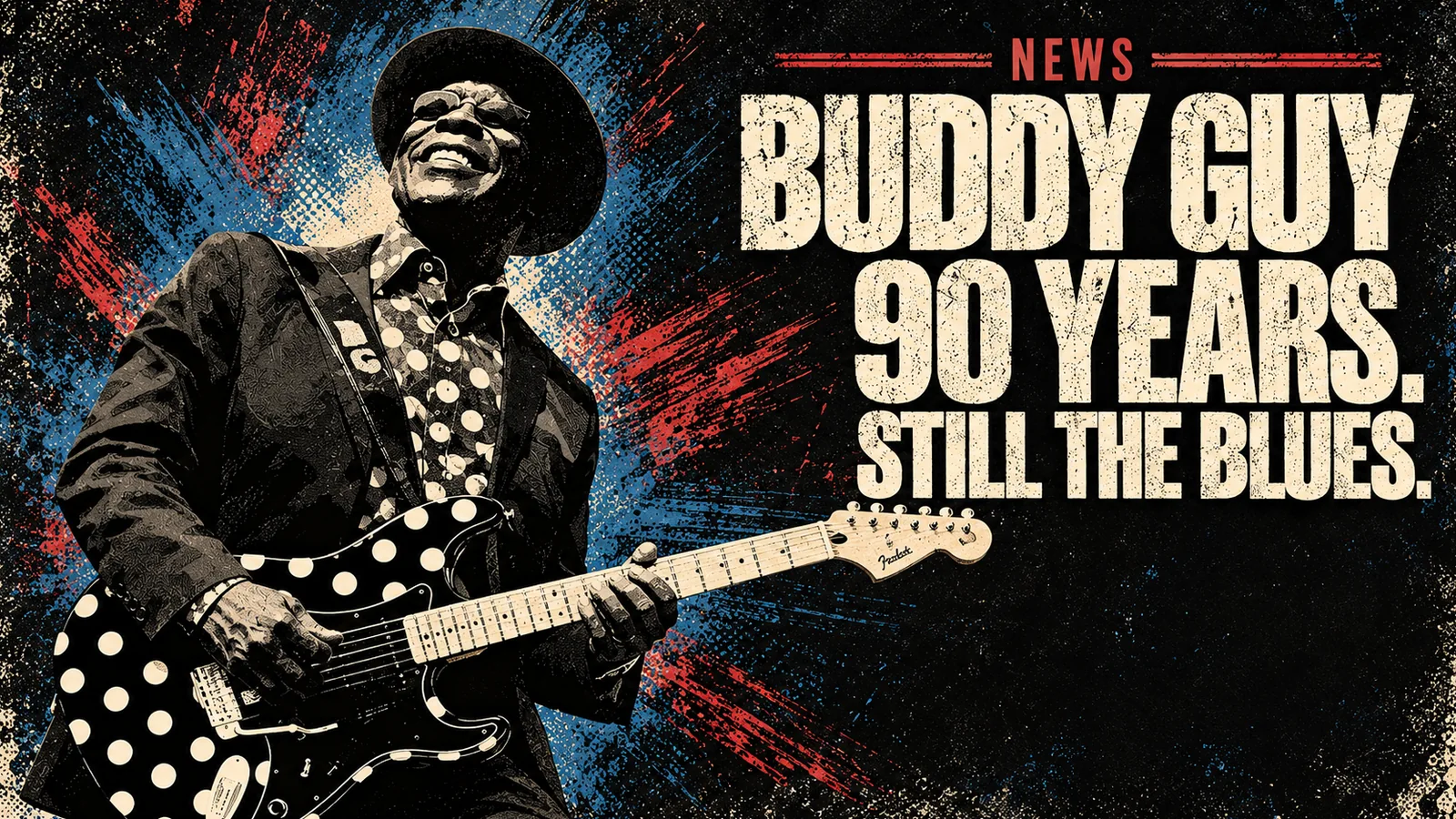 Illustration of Buddy Guy with his polka-dot guitar for his 90th-birthday Radio City tribute.