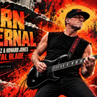 Original editorial illustration of Adam Dutkiewicz playing a black Caparison guitar, beside Burn Eternal signing-news text.