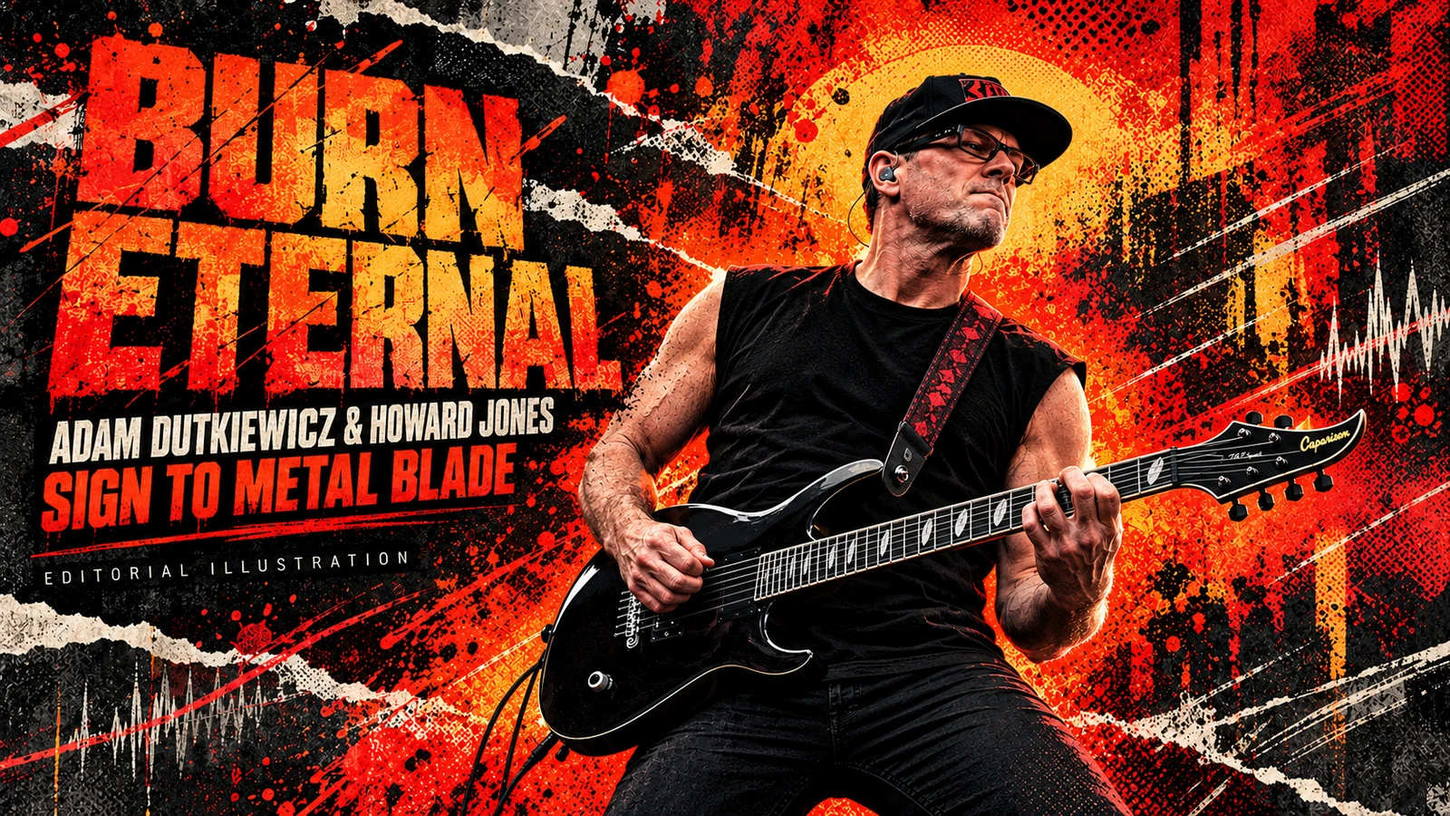 Original editorial illustration of Adam Dutkiewicz playing a black Caparison guitar, beside Burn Eternal signing-news text.