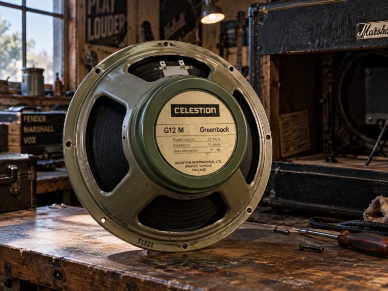 Illustration of a Celestion G12M Greenback 12-inch Guitar Speaker.