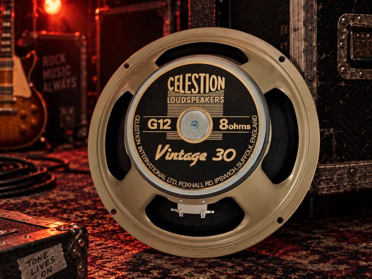 Illustration of a Celestion Vintage 30 12-inch Guitar Speaker.