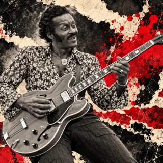 Original illustration of Chuck Berry playing a semi-hollow guitar, based on a documented 1976 reference