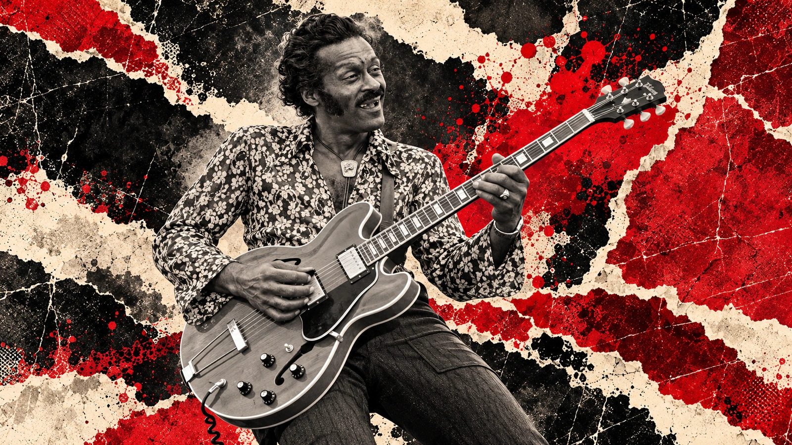 Original illustration of Chuck Berry playing a semi-hollow guitar, based on a documented 1976 reference