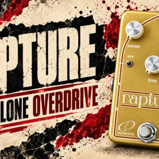 Editorial illustration of the gold Crazy Tube Circuits Rapture pedal with Master, Drive and Tone controls and MORE and MOD switches.