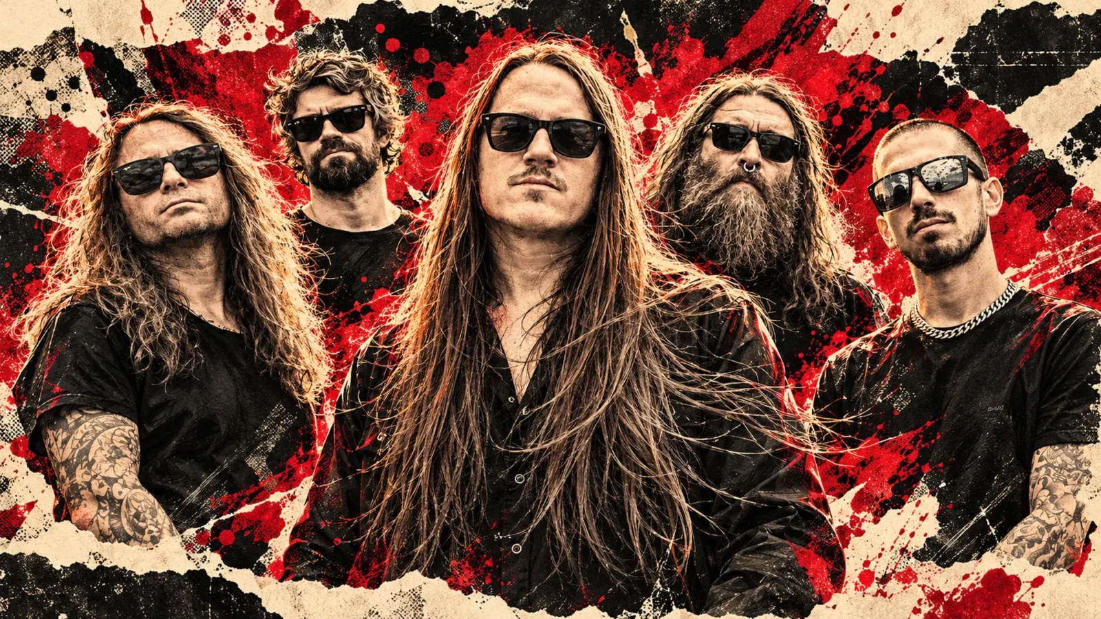 Illustrated portrait of the five Darkest Hour members against red, black and torn-ivory magazine-style layers.