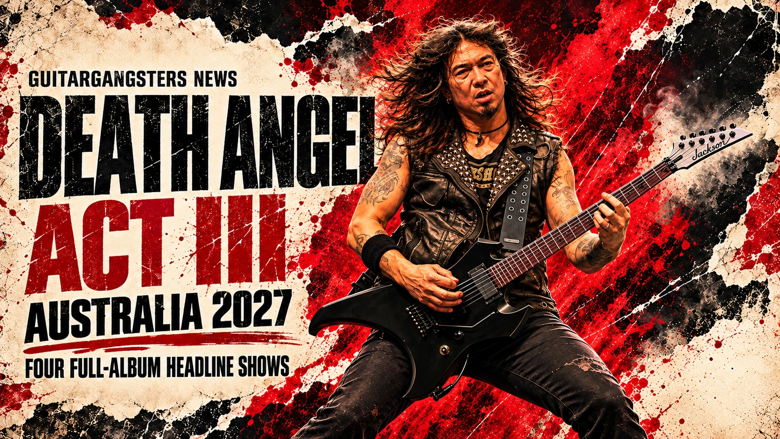 Editorial illustration of Rob Cavestany with a black electric guitar beside Death Angel Act III Australia 2027 tour text.
