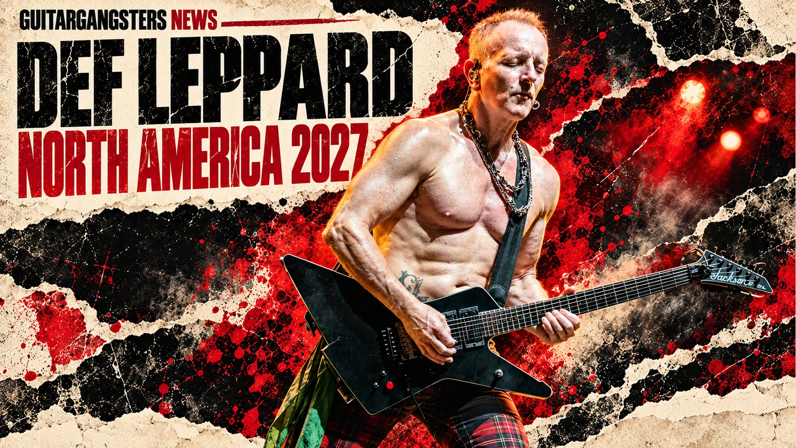 Editorial illustration of Phil Collen holding his documented Jackson X-Stroyer for Def Leppard’s 2027 tour news