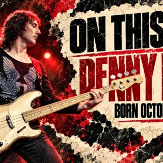 Editorial illustration of Denny Laine playing a four-string bass guitar, informed by a 1976 photograph