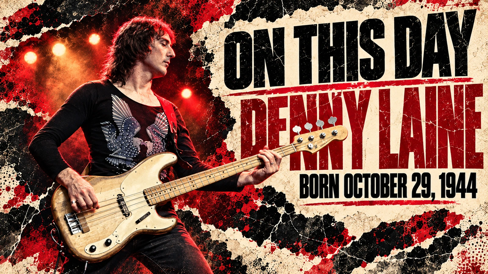 Editorial illustration of Denny Laine playing a four-string bass guitar, informed by a 1976 photograph