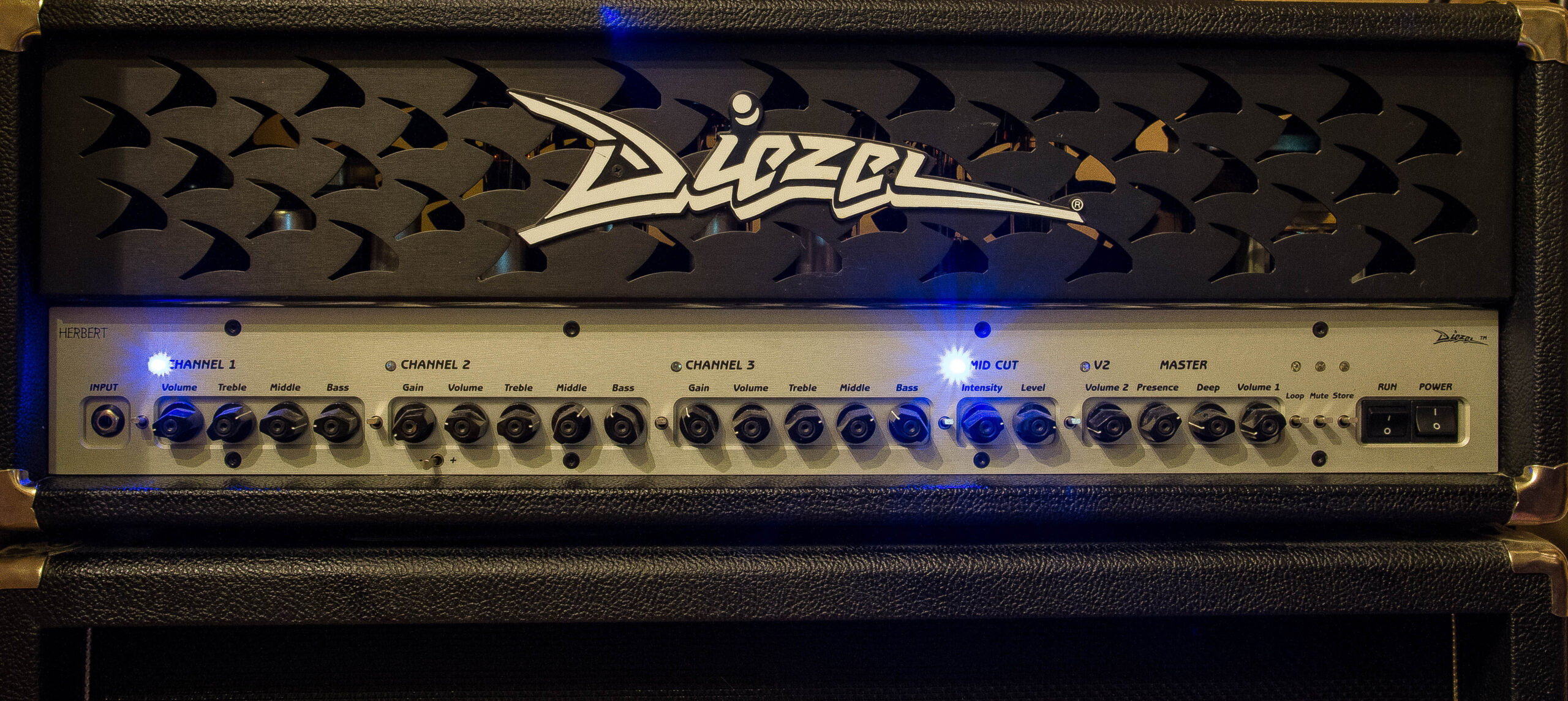 Diezel Herbert Mk I amplifier head with its three channel control groups visible.