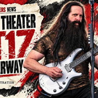 Editorial illustration of John Petrucci with a white and silver guitar, alongside the headline DT17 Is Underway.