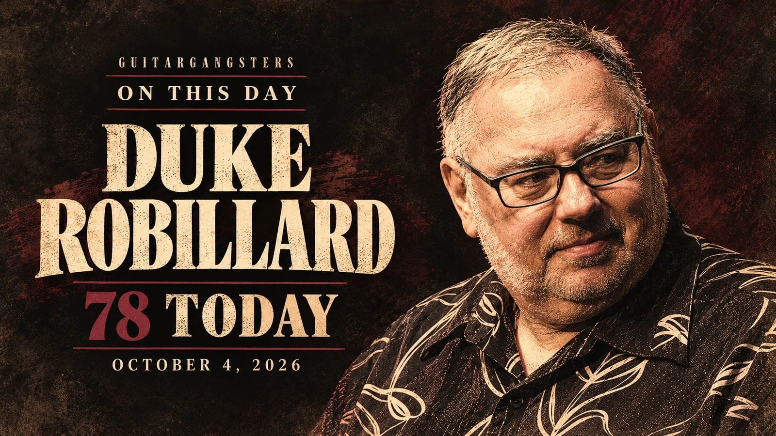 AI-created editorial portrait for duke robillard October 4 retrospective