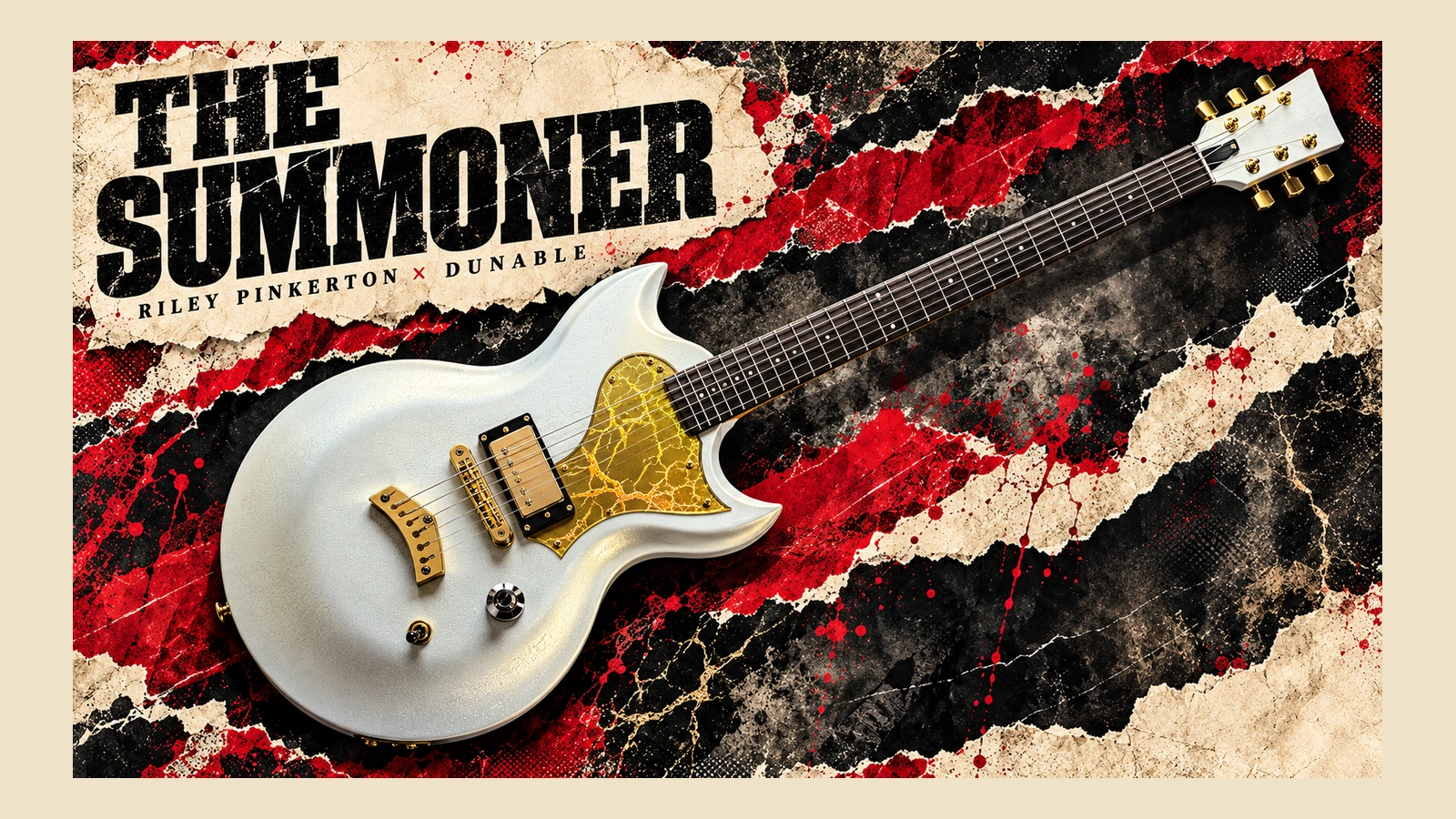 Editorial illustration of the complete white-and-gold Dunable Minotaur The Summoner guitar with a single bridge humbucker