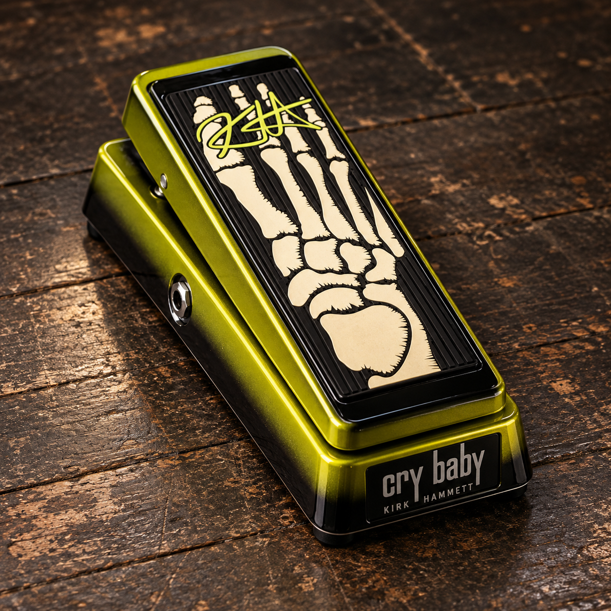 AI model illustration of the original green-and-black Dunlop KH95 wah with a skeletal-foot treadle.
