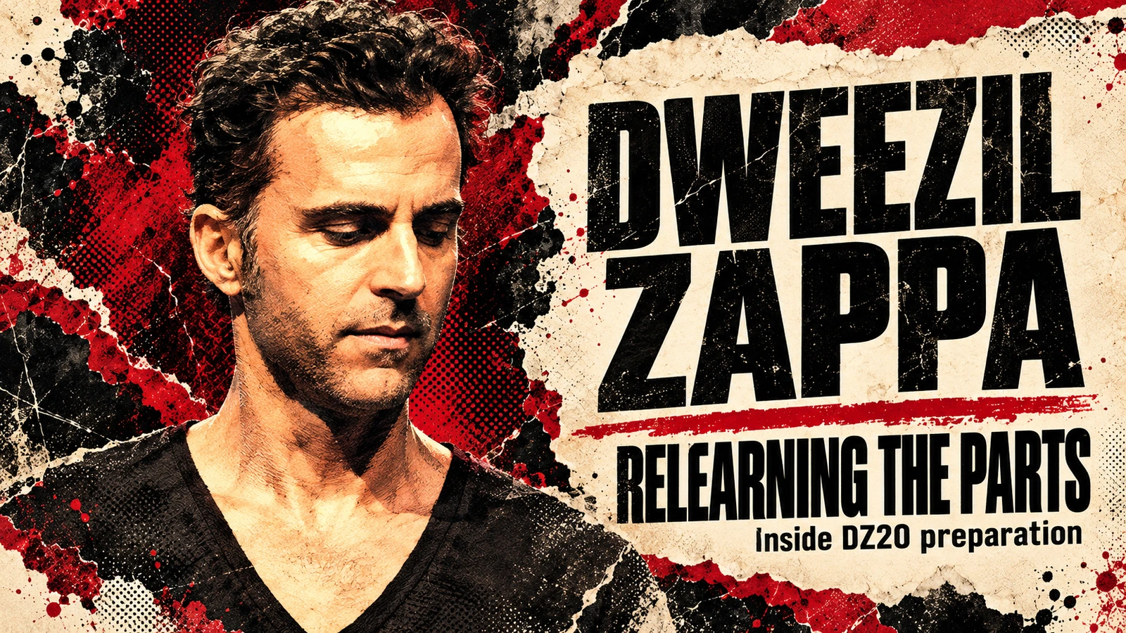 AI-assisted editorial portrait of Dweezil Zappa with DZ20 guitar preparation headlines.
