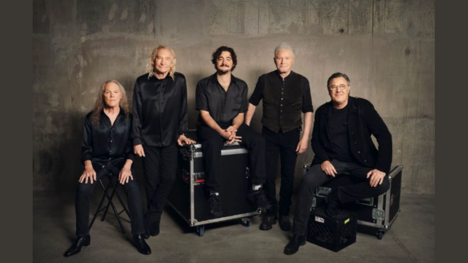 Five members of Eagles in the official portrait supplied with the Sphere announcement.