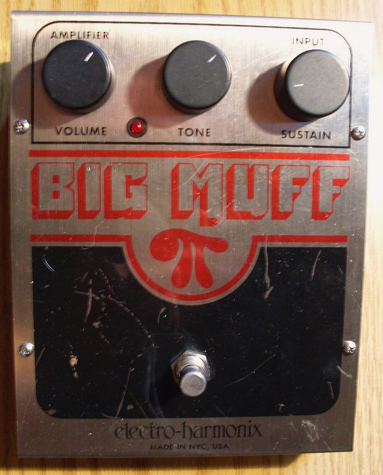 Electro-Harmonix NY Big Muff Pi fuzz pedal with its three knobs and footswitch.