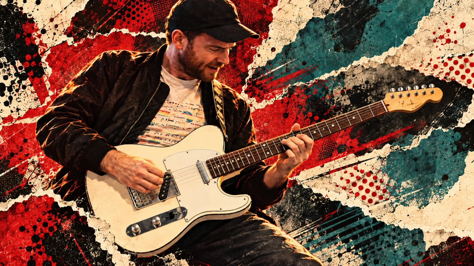Editorial illustration of Rory Clewlow playing a white Telecaster-style guitar against torn-paper rock-magazine layers.