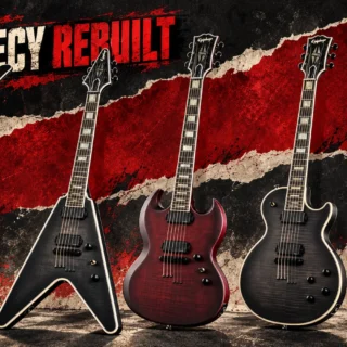 Editorial illustration showing the Epiphone Prophecy Victory FR, Flying V, SG, Les Paul Baritone and Les Paul guitars.