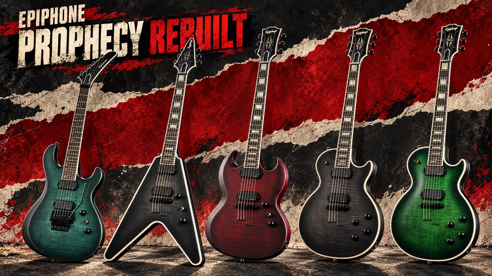 Editorial illustration showing the Epiphone Prophecy Victory FR, Flying V, SG, Les Paul Baritone and Les Paul guitars.