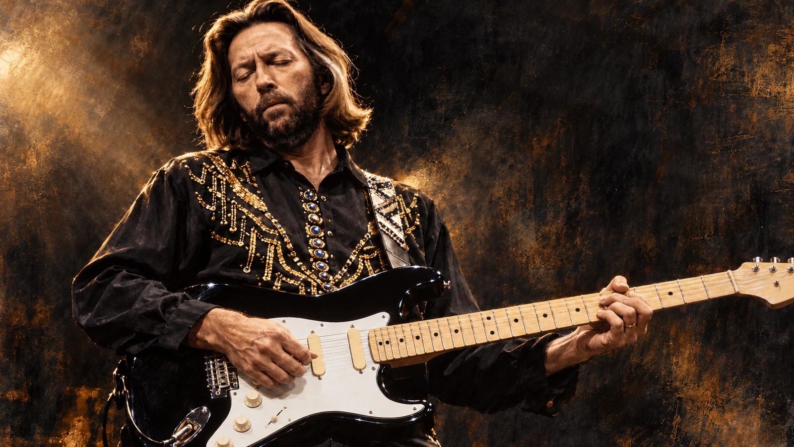 Editorial illustration of Eric Clapton playing a black Stratocaster-style guitar, informed by 1991 references.