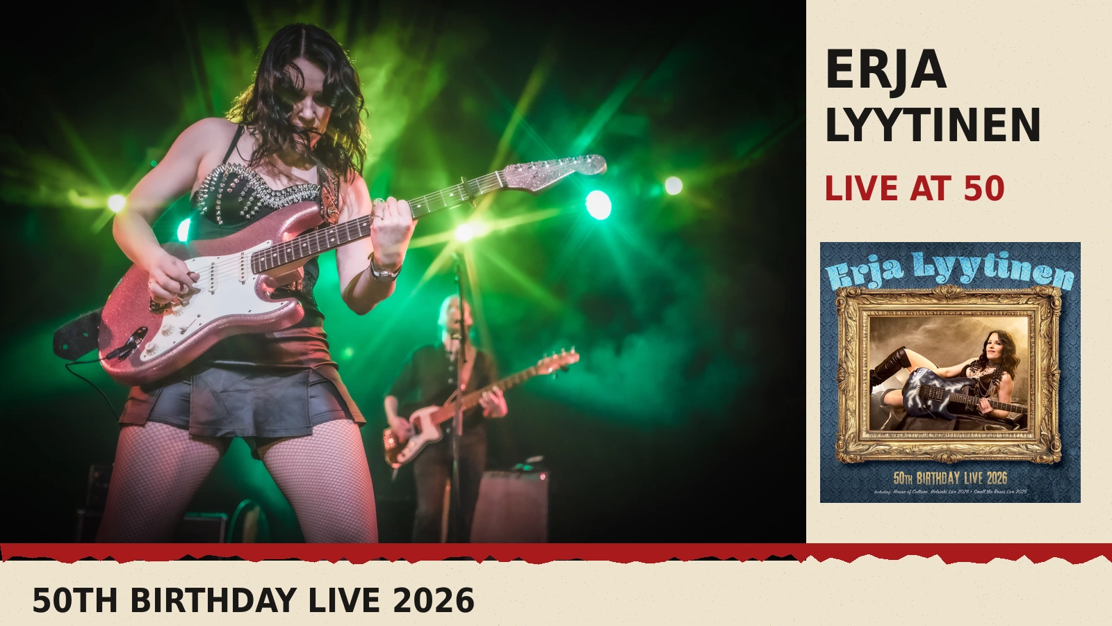 Erja Lyytinen playing her pink electric guitar on stage, beside the official 50th Birthday Live 2026 album cover.