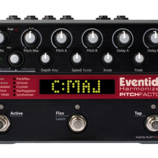 Full front view of the Eventide PitchFactor pedal with all controls and three footswitches visible.