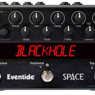 Full front view of the Eventide Space pedal with all controls and three footswitches visible.