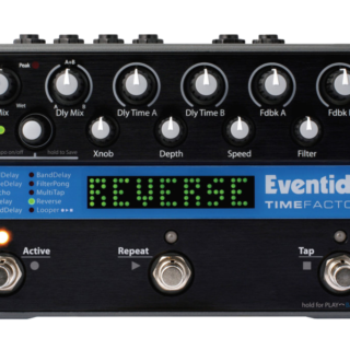 Full front view of the Eventide TimeFactor pedal with all controls and three footswitches visible.