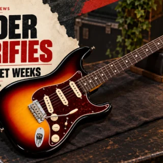 Editorial illustration of a sunburst Fender SSS Stratocaster on a workbench beside the headline Fender clarifies holiday quiet weeks.