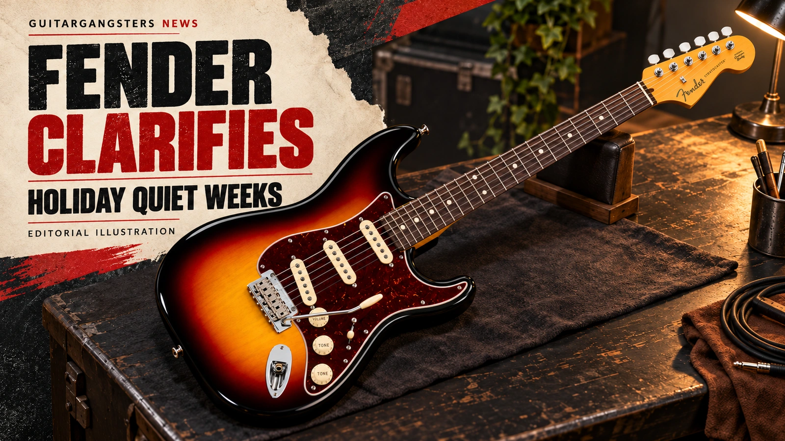 Editorial illustration of a sunburst Fender SSS Stratocaster on a workbench beside the headline Fender clarifies holiday quiet weeks.